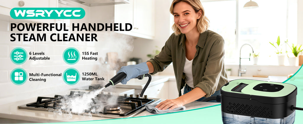 WSRYYCC Steam Cleaner, Portable Steamer for Cleaning with 16pcs Accessories, 6-Level Adjustable and 15s Heat-Up, Handheld Steam Cleaner for Home, Tile, Dirt, Grout, Grease, Car Detailing