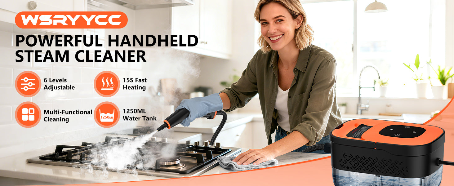 WSRYYCC Steam Cleaner, Portable Steamer for Cleaning with 16pcs Accessories, 6-Level Adjustable, 15s Heat-Up, Handheld Steam Cleaner for Home, Tile, Grease, Dirt, Grout, Car Detailing